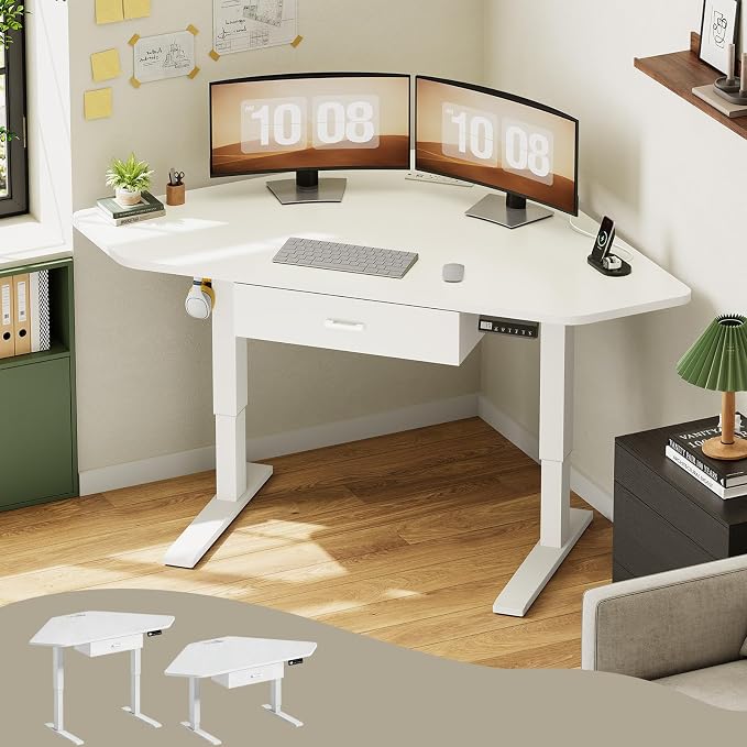 SEDETA Corner Electric Standing Desk with Drawer for Gaming, Small Space | 32'' Small Height Adjustable Computer Desk, Stand up Home Office Writing Desk, White