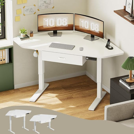 SEDETA Corner Electric Standing Desk with Drawer for Gaming, Small Space | 32'' Small Height Adjustable Computer Desk, Stand up Home Office Writing Desk, White