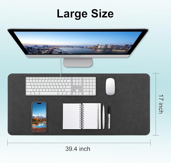 Leather Desk Pad Protector, Office Desk Mat, Large Laptop Mouse Pad, PU Non-Slip Desk Blotter, Waterproof Writing Pad, Computer Keyboard Mat for Desktop 39.4 x 17 inch (Black)