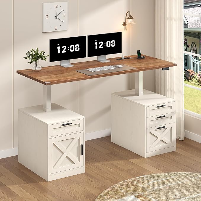 YOMILUVE 60" Farmhouse Electric Standing Desk with Drawers for Home Office | Height Adjustable Computer Desk with 4 Drawers & Storage Shelves, Wood Sit Stand Desk with Power Outlets for Work, Study