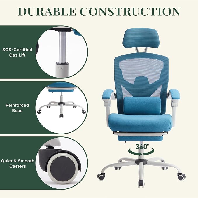Ergonomic Office Chair with Footrest, High Back Home Desk Chair with Lumbar Support & Headrest, 90-135° Reclining Mesh Back Computer Chair with Wheels for Work, Gaming, Blue