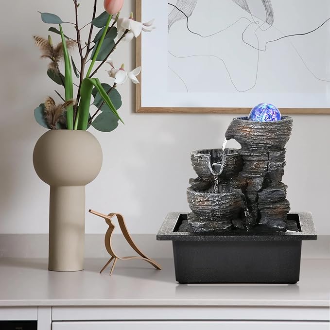 Dyna-Living Water Fountains Indoor Tabletop Fountain with Pump Waterfall Fountain Indoor Coloured LED Lights Desk Water Fountains for Home Office Decor Style 1