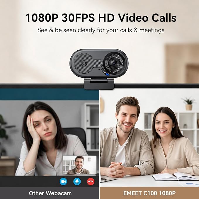 EMEET C100 1080P Webcam for PC, Built-in Mic, Rotating Privacy Cover, Portable Metal Clip, Computer Camera for Home Office, Meetings, Learning, Streaming, External Webcam for Desktop, Laptop, PC USB-A