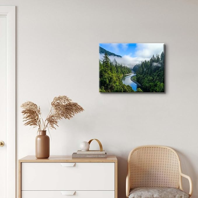 Smoky Mountain Canvas Wall Art for Living Room, Foggy Forest Landscape Wall Decor Nature Pine Trees Scenery Picture Prints Poster Mountains Lake Painting Artwork Home Bedroom Office Decorations 12x16”