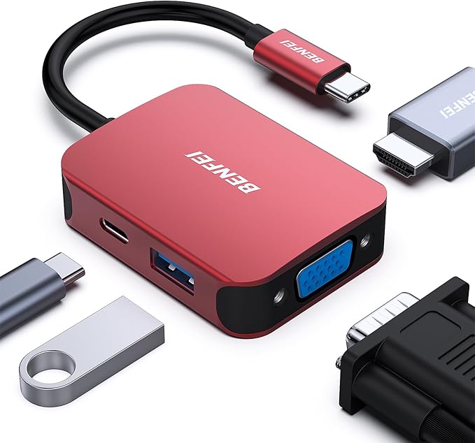 BENFEI USB C HUB 4-in-1, USB Type-C to HDMI VGA Adapter, USB C to USB Adapter, USB Type-C Power Delivery, Compatible with iPhone 15 Pro/Max, MacBook Pro/Air 2023, iPad Pro, iMac, S23, XPS 17