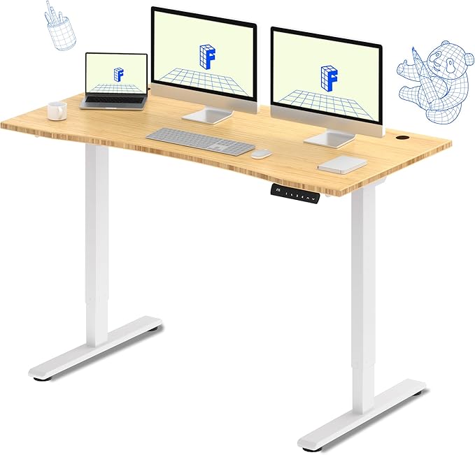 FLEXISPOT E3 Bamboo Dual Motor 60 x 30 Electric Standing Desk Sit Stand Up Desk, Holds 220 lbs, Adjustable Height w/ Memory Presets, Solid Bamboo Curved Desktop & White Frame, Ships in 2 Boxes