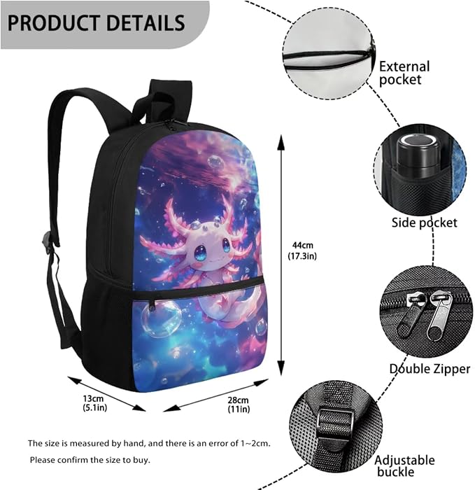 WELLFLYHOM Cute Axolotl 4 PCS Kids Backpack Set for Girls 1st-5th Grade, Pink 17 Inch Ocean Elementary School Bag with Lunch Box for Child Back to School Supplies, Mochila Para Niñas