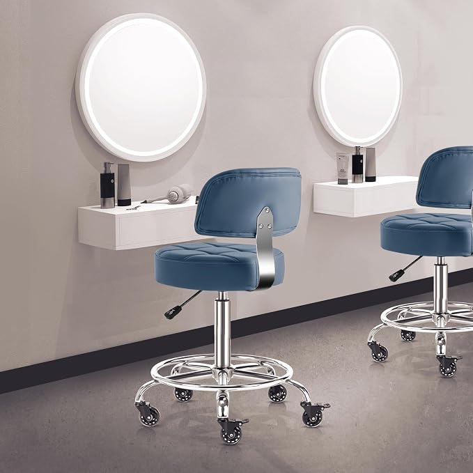 Lockable Stool with Back and Foot Rest Ergonomic Rolling Hydraulic Adjustable Stool for Doctor Esthetician Artist Home Small Office Desk (Blue, 19.5''-24.5'')