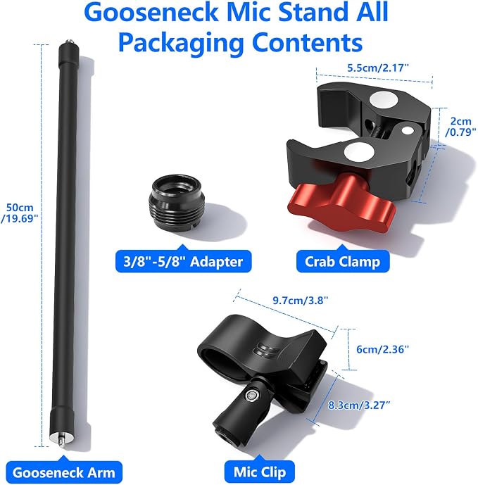 Gooseneck Microphone Stand, 19.69" Adjustable Mic Clip with 3/8" to 5/8" Adapter, Heavy Duty Metal Super Crab Desk & Pole Clamp Mic Holder Compatible with Shure/Fifine/AT2020/Pyle/Blue Snowball/Razer
