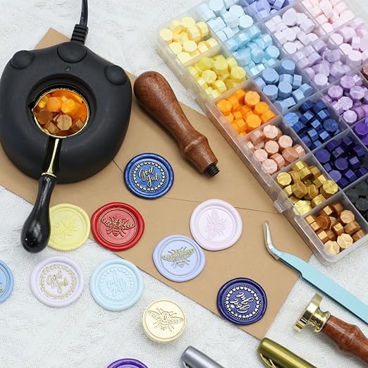 Wax Seal Stemp Kit with 24 Colors Wax Seal Beads 624pcs, Electric WaxSeal Warmer, Been Thank You WaxSeal Stamp, SealingWax Spoon, WaxSealPen, Tweezer,WaxSealStamp kit (24A)