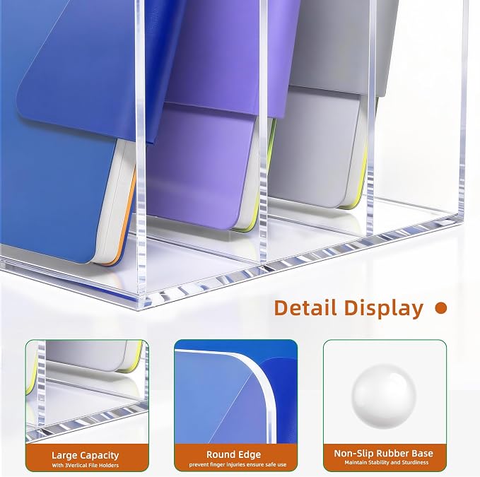 Clear Acrylic 3-Slot Magazine File Holder, Vertical Desk Organizer | 3 extra-wide compartments hold magazines, files, books, tablets. 5mm thick clear acrylic, non-slip base. No assembly.