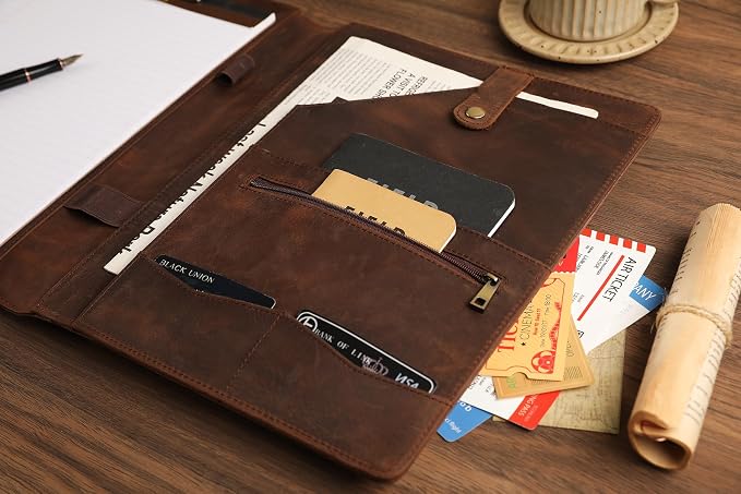 Leather Padfolio for Lefty, Business Portfolio Binder with Clipboard, Legal Pad Portfolio Folder for Men/Women - Khaki