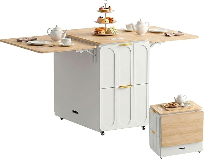 ModernMate 3-in-1 Folding Desk & File Cabinet, Fluted Multi-Storage Workspace with 4 Drawers, Lockable Wheels | Power Outlet | Fits A4/Letter Files, Space-Saving for Small Home Office, Light Walnut