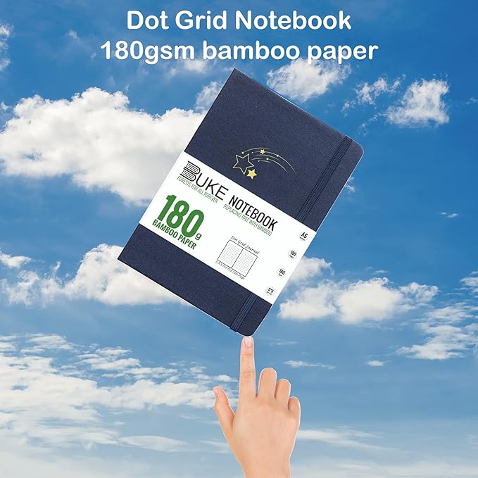 BUKE Dot Grid Notebook Dotted Journal,180Gsm Bamboo White Paper, 5 * 5MM Dots 160 Pages,Colored Silver Edges, Bookmarks and Expandable Back Pocket,Shooting Stars