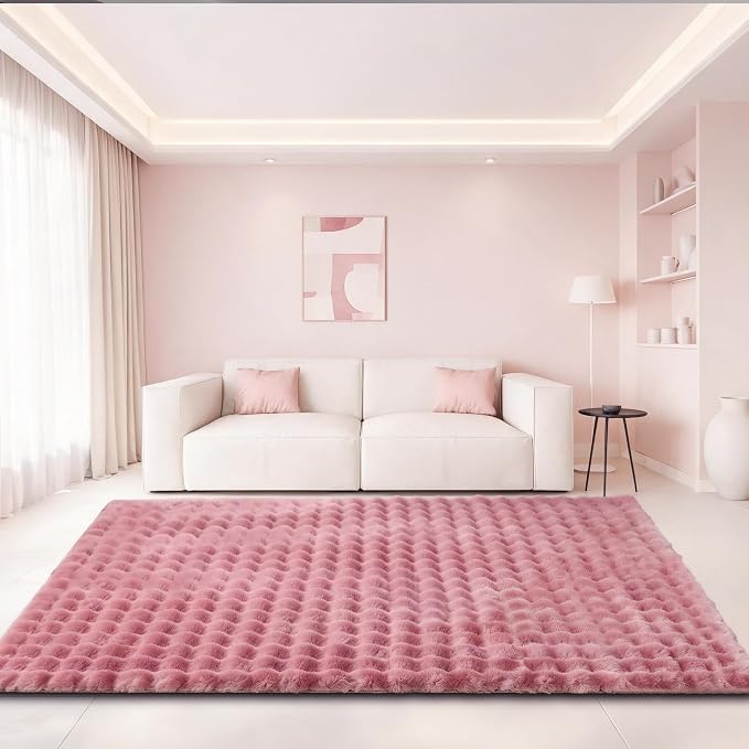 Dusty Rose Rabbit Plush Rug 5'x7', Fluffy Shaggy Area Rug for Nursery & Kids Room, Faux Fur Carpet for Girls Bedroom, Living Room, Teen Decor