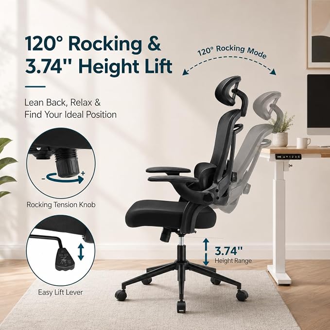 Ergonomic Office Chair, Home Office Desk Chairs with Adjustable Lumbar Support and Headrest, High Back Mesh Computer Desk Chair with 3D Flip-up Armrests & 360° Swivel Wheels, 275 LBS