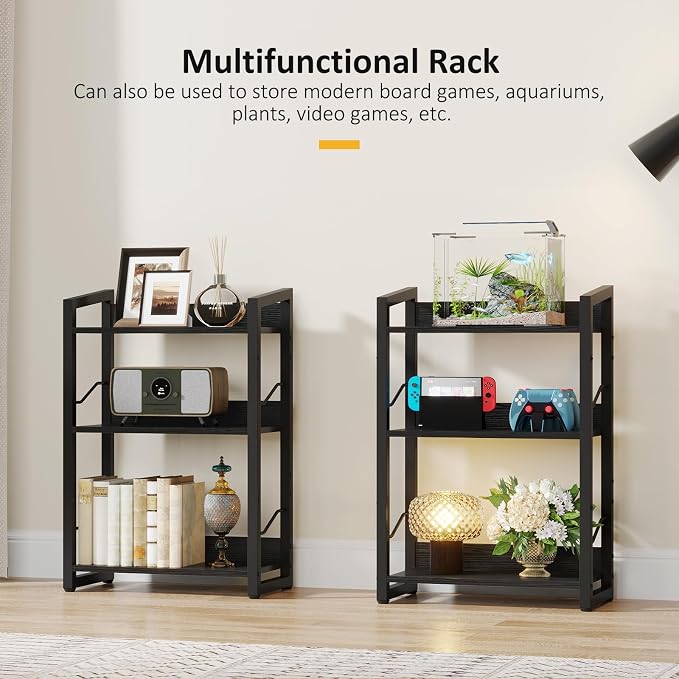 Hosfais 3-Tier Small Bookshelf with Edge Protection | Wood Book Shelf Industrial Bookshelf Metal Narrow Bookcase Storage Organizer Display Rack for Bedroom Home Office (Black)