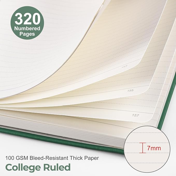 EMSHOI A5 College Ruled Notebook, 320 Numbered Pages 100GSM Ink-Proof Faux Leather Hardcover Lay-Flat Lined Journal for Work Office School Writing, SUN Design, Small 5.75" x 8.38", Dark Green