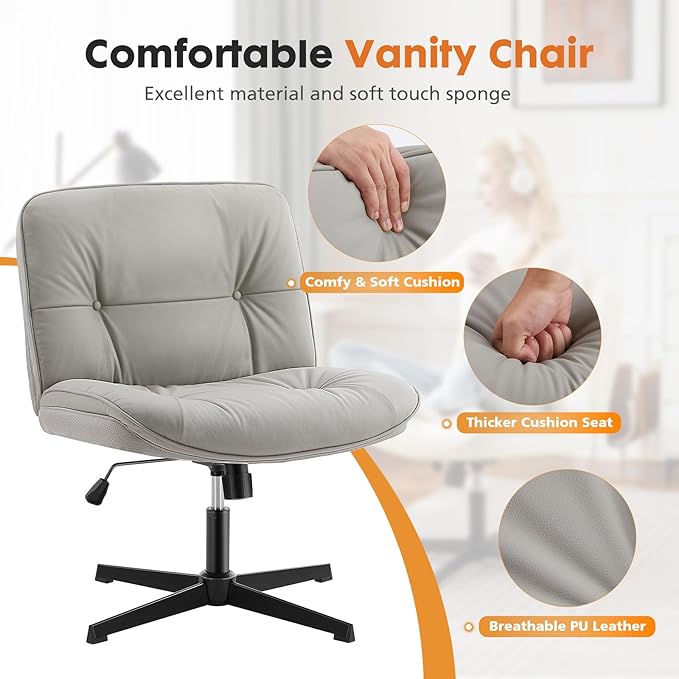 Sweetcrispy Criss Cross Chair, Wide Seat PU Leather Armless Office Desk Vanity Chair, Comfortable Adjustable Swivel Computer Task Chairs for Bedroom, Small Space Make Up, Grey
