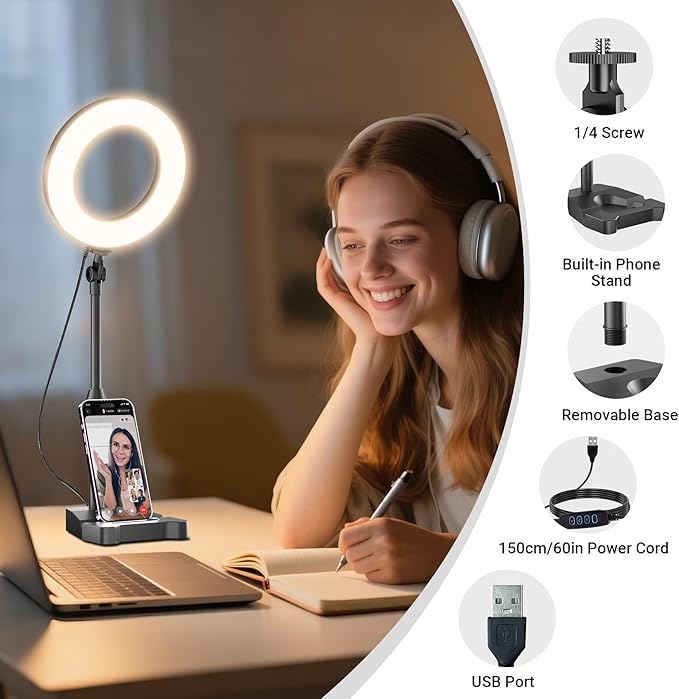 Laptop Ring Light for Video Conferencing, 6'' LED Desk Soft Halo Lighting with Phone Holder for Zoom Calls, Live Streaming, Computer Monitor Webcam, Portable Circle Light with Adjustable Stand