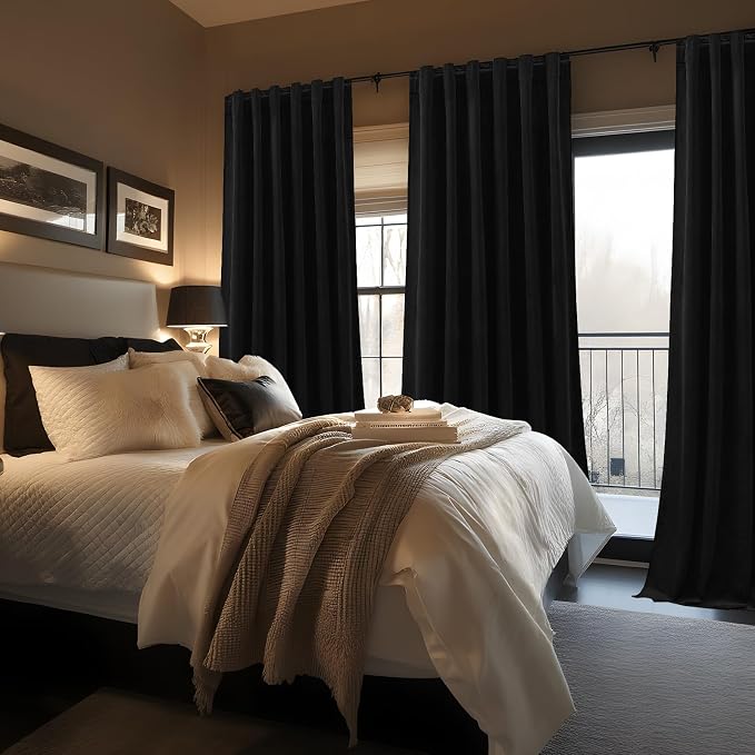 Black Velvet Blackout Curtains 84 Inches, Luxury Soundproof Thermal Insulated Super Soft Curtain Elegant Room Darkening Drapes with Back Tab Rod Pocket for Bedroom Living Room, W52 x L84, 2 Panels