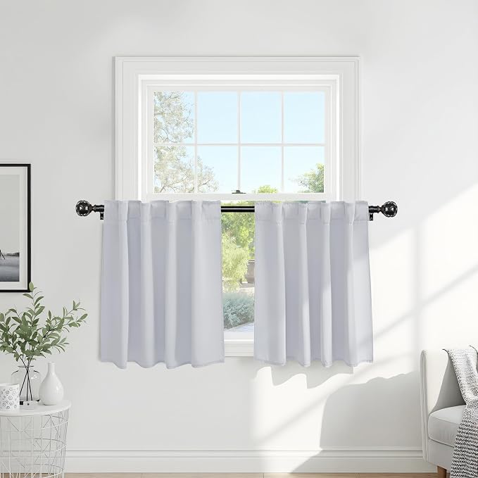Pony Dance Short Curtains for Bathroom Window, Half Drapes for Kitchen Window, loft Thermal Insulated Curtain Tiers for Bedroom/Basement, Long 24 x Wide 29 inches per Panel, Greyish White, Set of 2