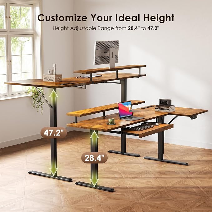 OffiGo 63 Inch Electric L Shaped Standing Desk with Keyboard Tray, Reversible Height Adjustable Corner Computer Desk with Monitor Stand, Sit Stand Up Lift Table for Home, Office, Rustic Brown