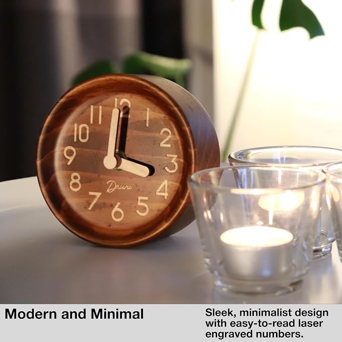 Driini Wooden Analog Desktop Clock – 4.3 in. Decorative Pinewood, No-Tick Design – Easy to Read Silent Sweep Mantle Clock – Quiet Tabletop Clocks with Wood Body, Hands, & Battery Cover; Dark
