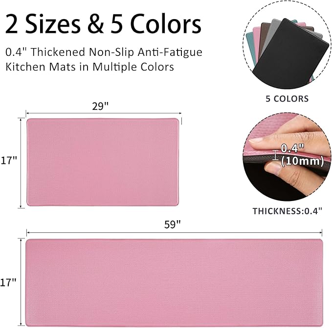 Kitchen Mats and Rugs Set of 2 - Cushioned Anti-Fatigue Kitchen Rug for Floor Washable 17"x29" +17"x59", PinkRed