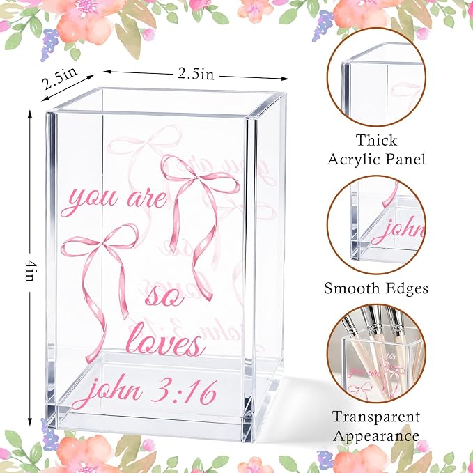Pink Bow Acrylic Pen Holder Cup, Coquette Desk Decor with Inspirational Bible Verse, Christian Pencil Holder, Cute Office Desk Organizer, Gift for Women