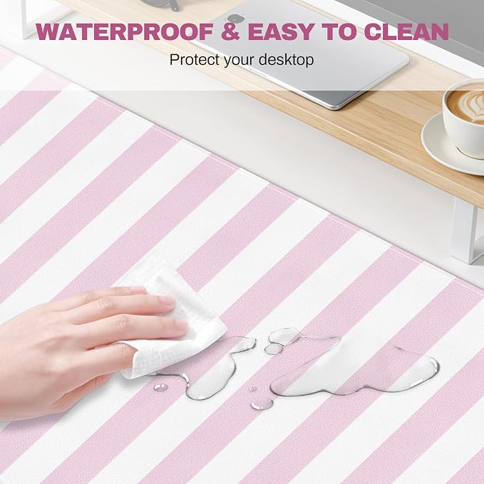 Pink Striped Desk Mat Cute Large Mouse Pad Kawaii Extended PU Leather Mat for Home Office Desk Decor for Women Cozy Gaming Keyboard Pad 35.4 X 15.7inch