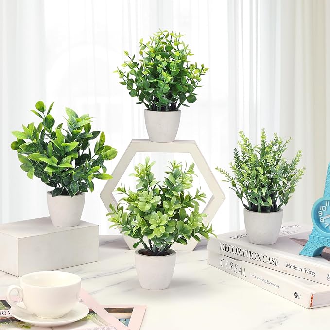 FAVOWREATH 4 Pack Fake Plants Ceramic Mini Artificial Greenery Potted Plants for Home Decor Office Decor Room Decor Farmhouse Decor Indoor Table Bathroom Decor