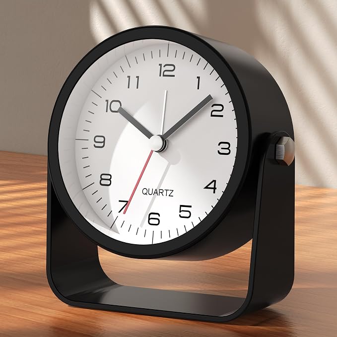 AYRELY® 3.5" Small Analog Travel Alarm Clock, Battery Operated Desk Clock | Cute Table Clock with Light, Adjustable Angle, Bedside, Bedrooms, Kids' Rooms and Living Room Decor (Black)