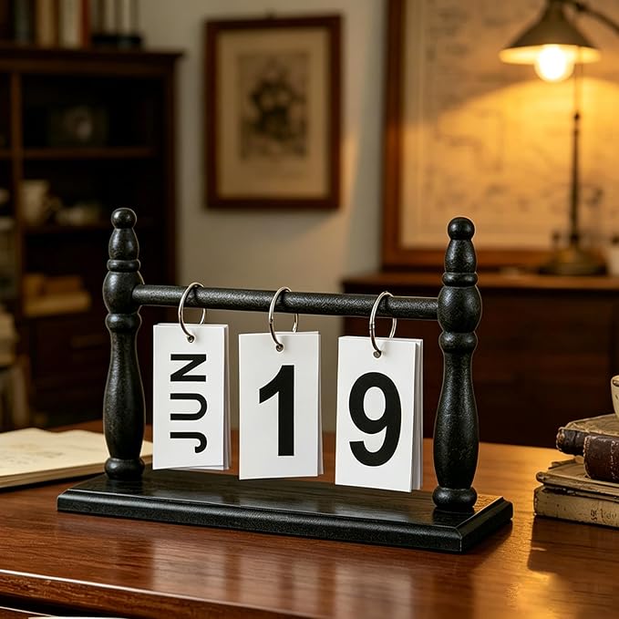 Wooden Perpetual Desk Calendar - Vintage Rustic Flip Calendar with Metal Rings & Reusable Daily Date Cards(Black)