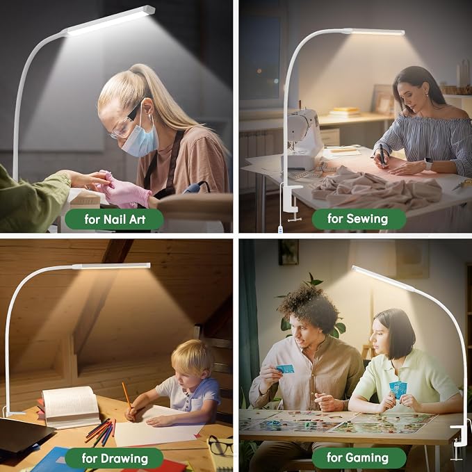 Clamp Lamp for Desk, Eye-Caring LED Clip Light (White) | 27" Tall Flexible Arm, 3 Color Modes 10 Brightness, USB-Powered with 5V/2A Adapter