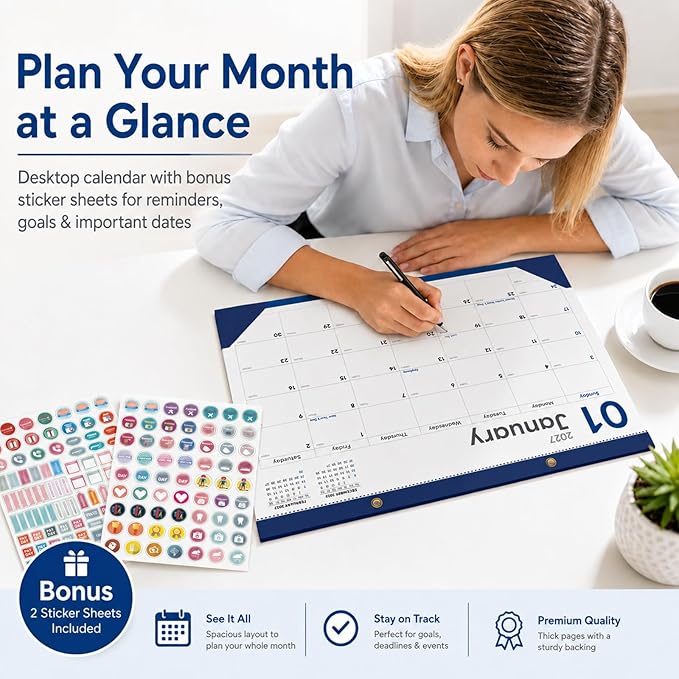 Desk Calendar 2026-2027 - Ougesi 18 Month Desk Top Calendar July 2026 - Dec 2027,17x12 Academic Desk Calendar with Thick Paper, Large Blocks, Stickers for Home & Office Navy