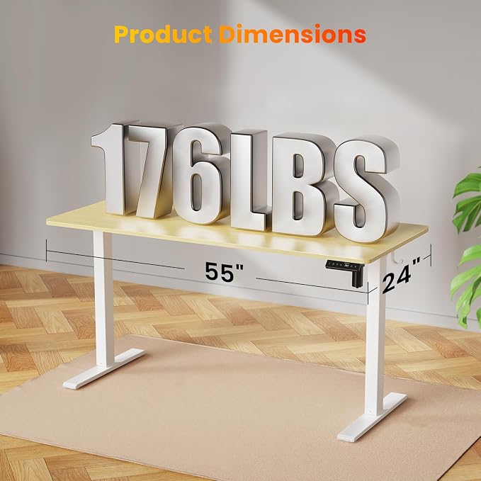WALKINGDESK 55x24 Inches Height Adjustable Electric Standing Desk with 2 Hooks for Home Office, Ergonomic Sit Stand up Desk with Splice Board, Oak