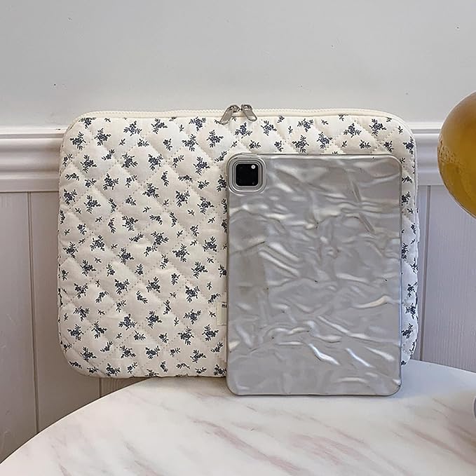Cute Laptop Sleeve 13-15 inch Laptop Case Aesthetic Quilted Laptop Sleeve Computer Bag with Flower Printing for MacBook (Blue, 15inch)