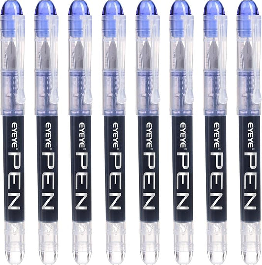 EYEYE Disposable Fountain Pens Fine Point, 8 Pack Blue Pens for Writing, Stainless Steel Nib, Smooth Writing for Journaling, Drafting, Sketching, Doodling & Office Supplies