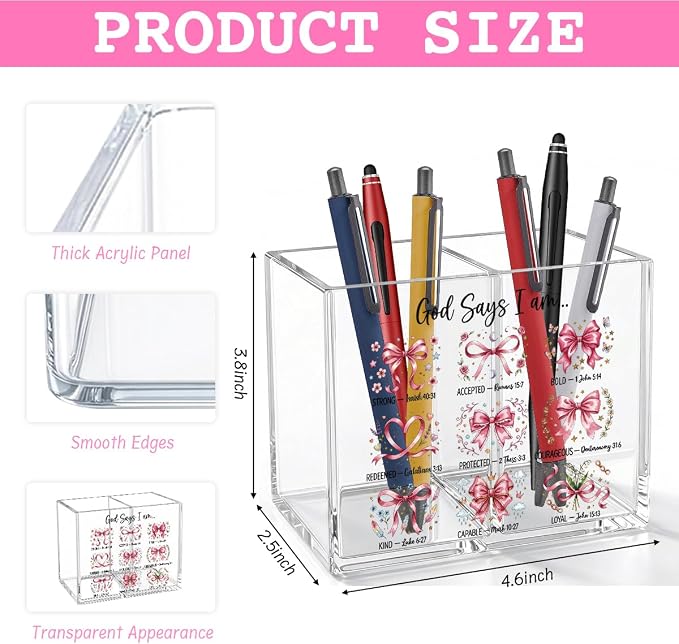 Pink Bow Girly Inspirational Christian Acrylic Cosmetic Pencil Pen Holder Cup Cute Religious Gifts for Girl Women God Says I Am Preppy Decor for Home Office Desk Vanity Organizers and Accessories