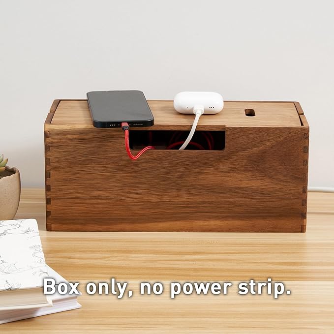 Acacia Wood Cable Management Box, Wooden Cord Hider & Organizer for Power Strip, Electrical Hiding, TV Wires, Desk & Floor Cables - Office Under Desk Cable Storage Box for Wire