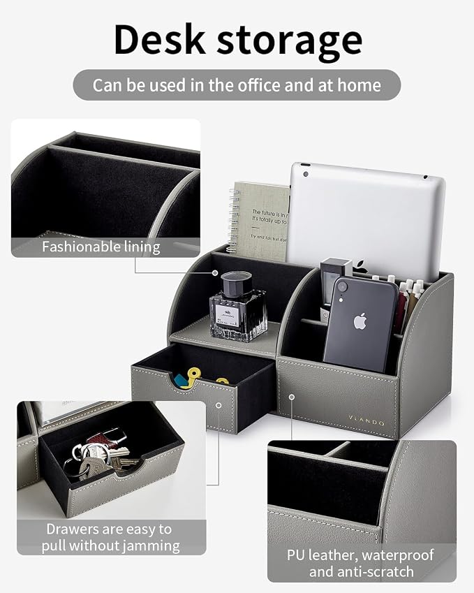 VLANDO Office Desk Organizer with Drawer, Premium Leather Desktop Storage Caddy for Supplies and Accessories, Multi-functional Vanity Organizer for Makeup,Bedside Table Nightstand Box