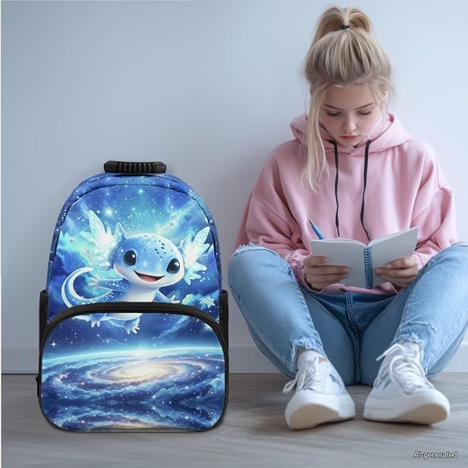 Ystardream Space Axolotl Backpack for Girls Elementary Backpack With Lunch Box 17 Inch Kids School Bookbag with Big Front Pocket Cute Laptop Rucksack with Pencil Case Students Back to School Gift