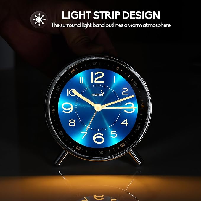 FLOITTUY Super Silent Metal Alarm Clock,Beep Wake Round Alarm Clock with Strip Night Light,Battery Operated,Easy Set,Simple & Retro for Desk, Bedroom and Home Decoration(Royal Blue)