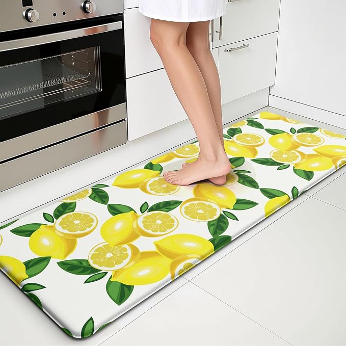 Lemon Kitchen Decor Kitchen Mat, Cushioned Anti Fatigue, Non-Slip | Bright Lemon Pattern,Yellow docor,Cushioned Comfort,Non-Slip Backing,Waterproof Surface,Easy Clean,Kitchen Sink,Laundry