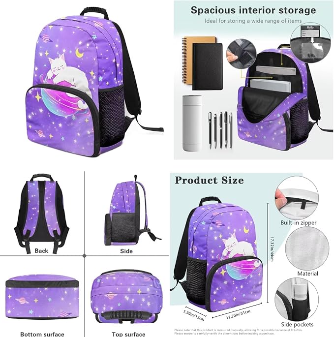 Ystardream Starry Sky Cat Backpack for Girls School Backpack With Lunch Box 17 Inch School Bags for Girls Students 14 inch Laptop Bookbags for Teens 4 in 1 Pencil Case&Water Bottle Sleeve Set