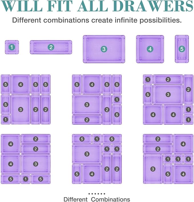 25 PCS Drawer Organizer Set, 5 Size Bathroom and kitchen organizer Trays | Bathroom and kitchen Drawer cabinet organizer Trays, Clear Storage Bins for Makeup, Jewelry, Utensils and Gadgets