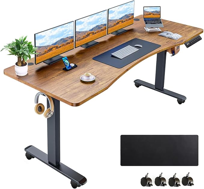 Electric Standing Desk 63 x 24 Inches Adjustable Height Ergonomic Sit Stand Up Curved Desk for Home Office Computer Desk Memory Preset with Wheels and Black Frame/Brown Top