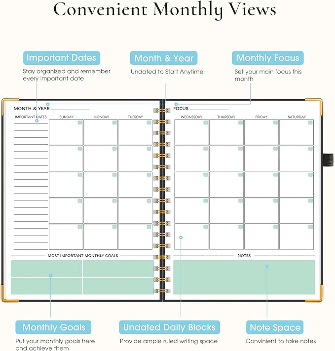 Undated Weekly Planner, Hardcover Leather Weekly & Monthly Calendar Blank Planner, To Do List Notebook with Goal & Habit Tracker Organizer, A5 Daily Planner with Spiral Binding, Ideal for Work School Home, Black