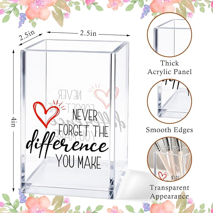 Acrylic Pen Holder Cup, “Never Forget the Difference You Make” Desk Decor, Inspirational Pencil Holder Organizer, Motivational Gift for Women Teacher Coworker